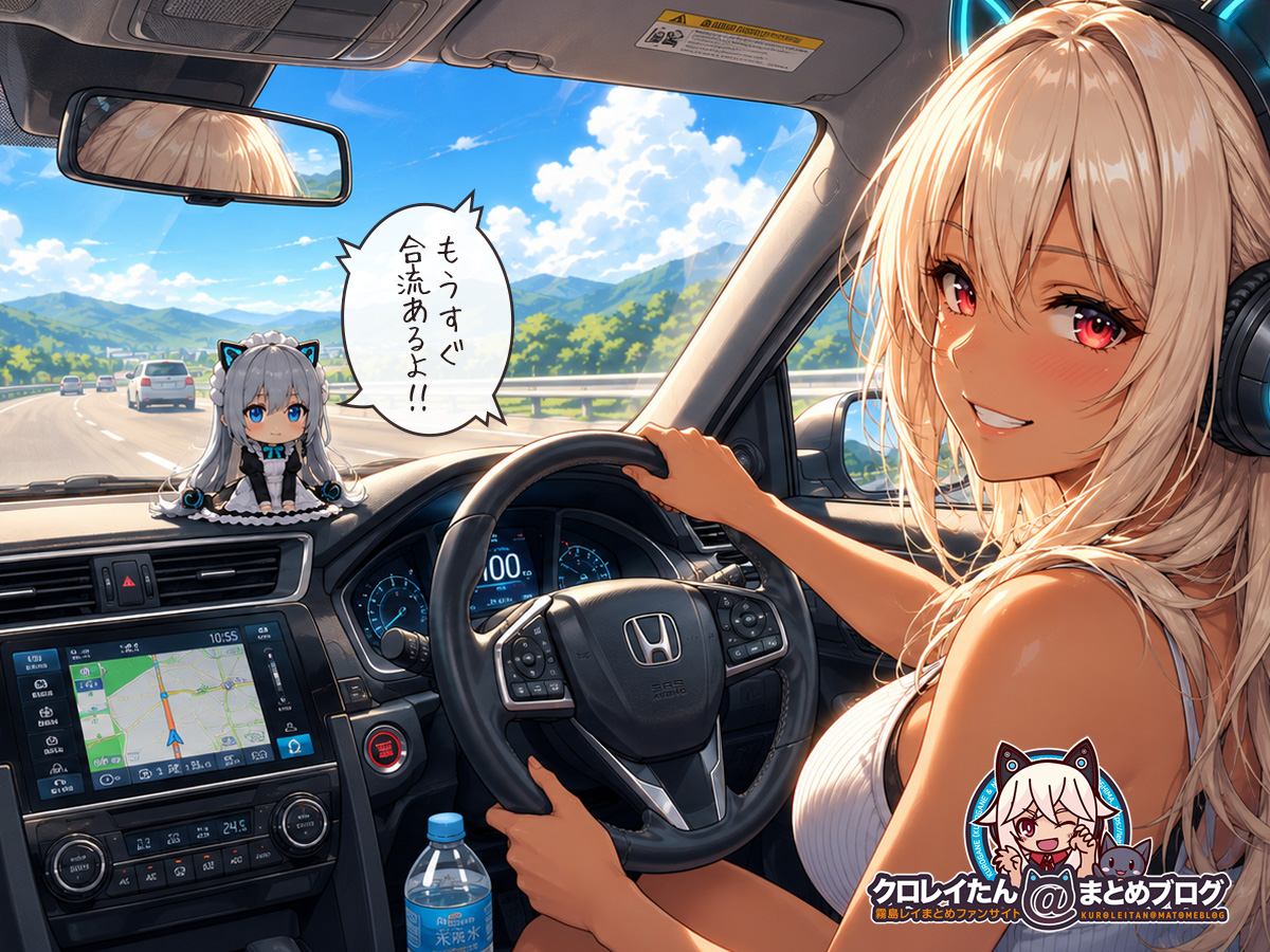 長距離ドライブのお供として設置したちびロイドと高速道路を運転中のクロガネのイメージ