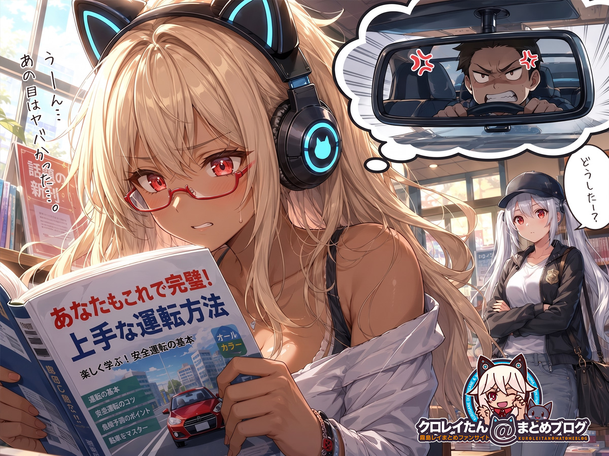 運転していたときにバックミラーで後ろの車の運転手が怒っていたのを見てしまったので、上手な運転の方法が書かれている本を見に来たクロガネちゃんと、その様子をみつけた友人。
