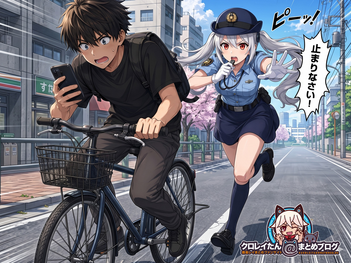 自転車の運転をしている少年を呼び止める女性警官イラスト