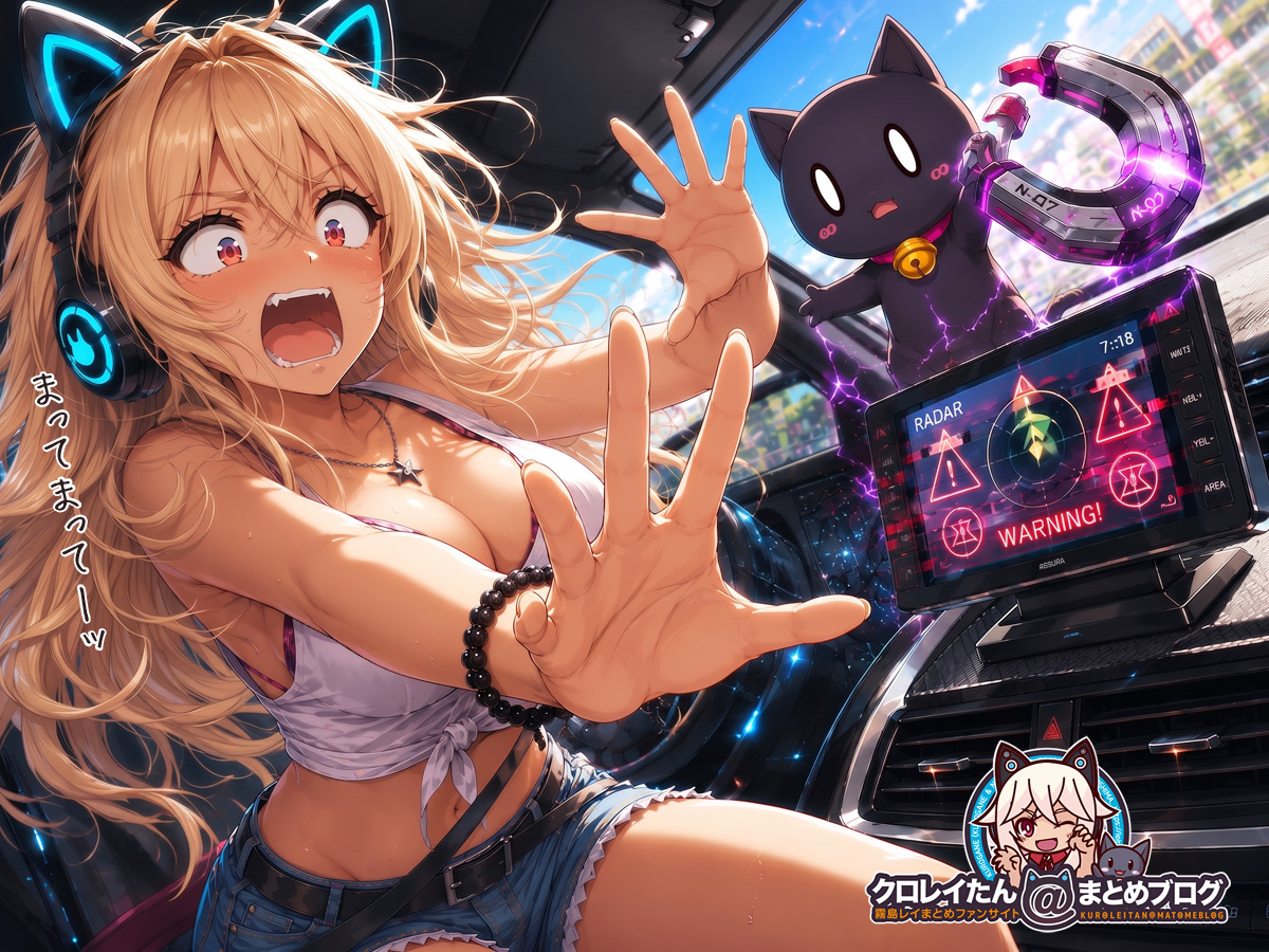 車内で黒猫のオボロが持つ未来の強力磁石の影響により、ダッシュボードのレーダー探知機が誤作動を起こしてパニックになるクロガネちゃんのイラスト