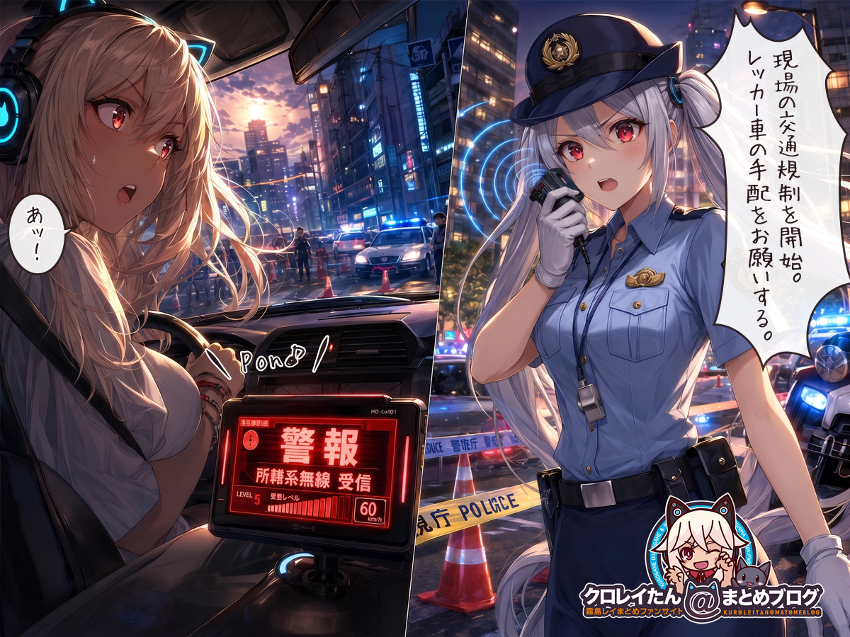 夜の運転中に探知機が所轄系無線を検知(『警報 受信』と表示)し、近くで女性警官が無線連絡をしているシーンを描いたイメージ画像