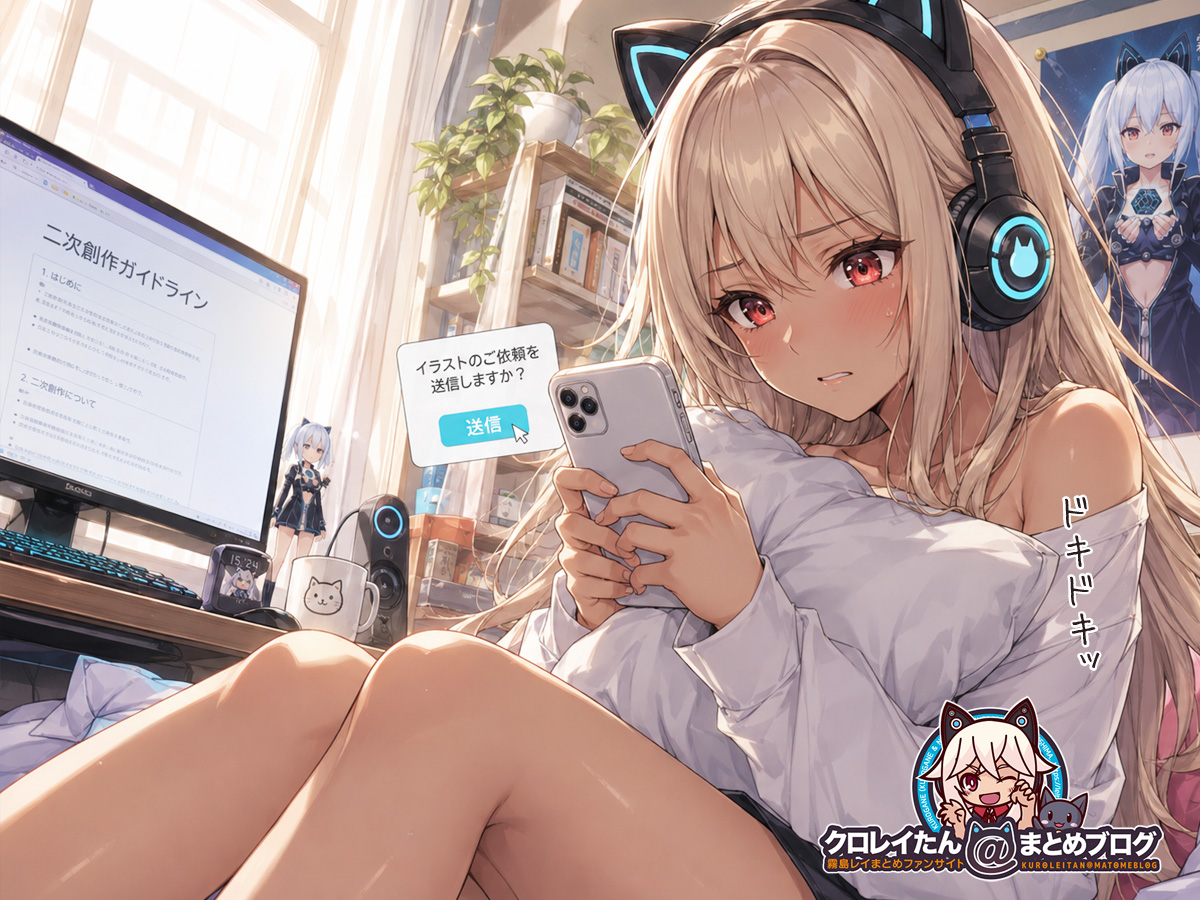 パソコン画面の二次創作ガイドラインを前に、スマホでの有償イラスト依頼の送信を迷って緊張しているクロガネちゃんのイラスト。背景には霧島レイのポスターやフィギュアが飾られている。