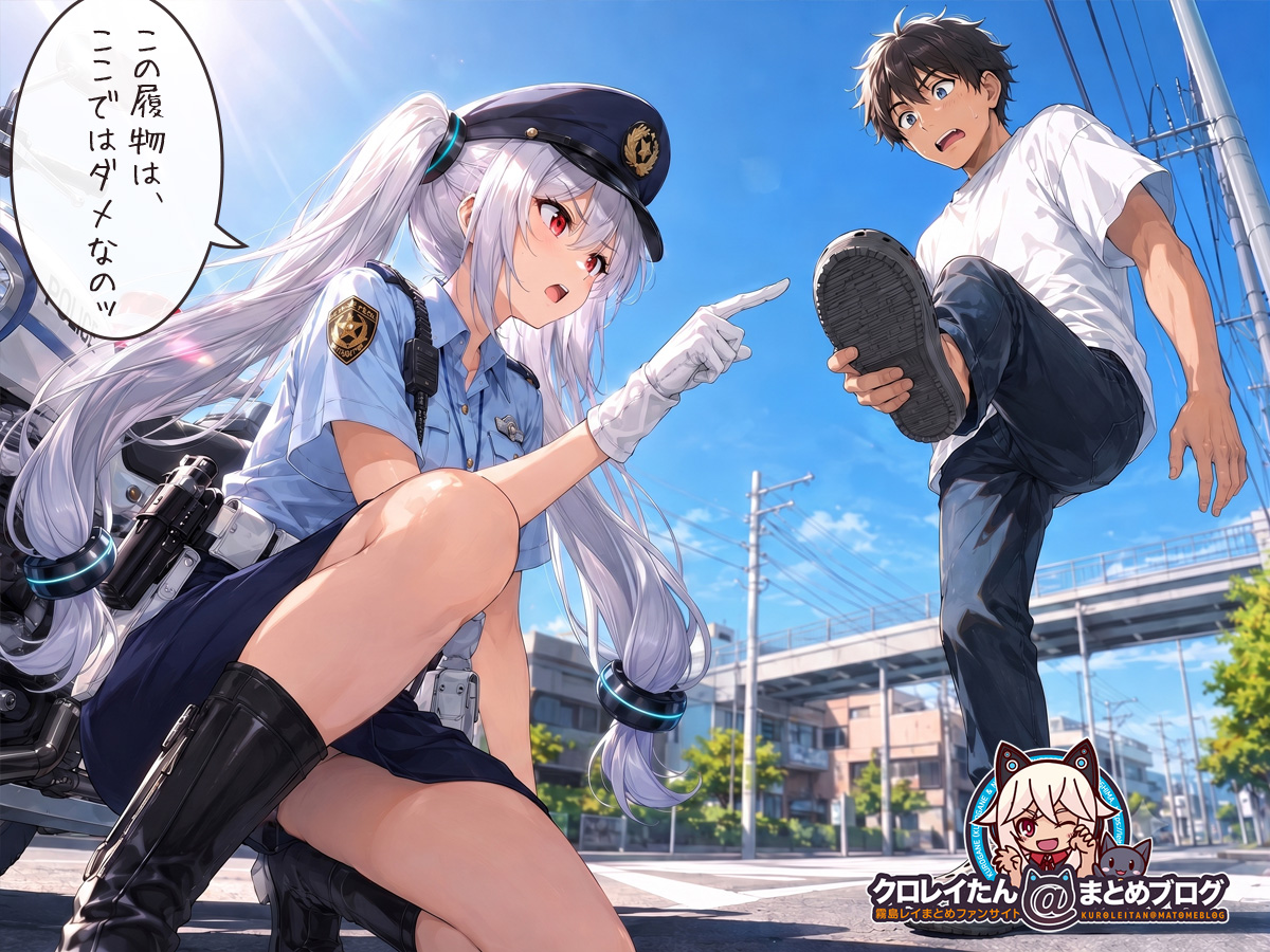 クロックスを履いている男性に注意をしている女性警官(友人ちゃん) その理由は・・・