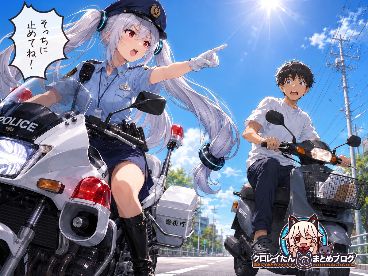 クロックスを履いて原付バイクを運転している男性を呼び止めている女性警官(友人ちゃん)