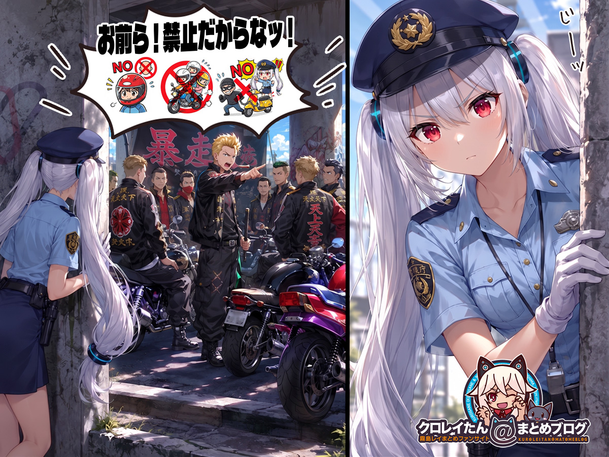 「ノーヘル禁止!?3人乗り禁止!?窃盗禁止!?」へんな暴走族の集会を覗いている友人ちゃん
