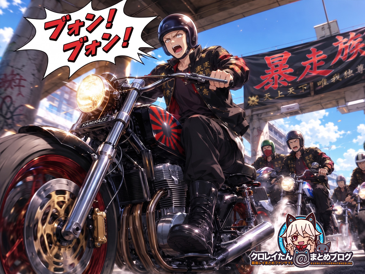 空ぶかし音を叫びながらバイクを運転する暴走族のリーダーくん