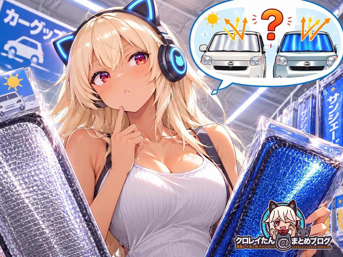 サンシェード売り場で、銀色かブルーシルバー色のどっち購入しようか迷っているクロガネちゃん