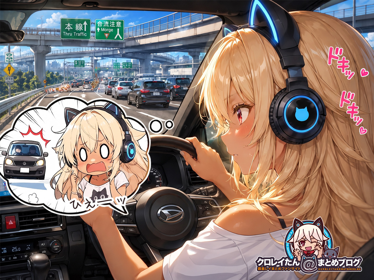 合流ポイントで、車にぶつからないかドキドキしちゃうクロガネちゃん
