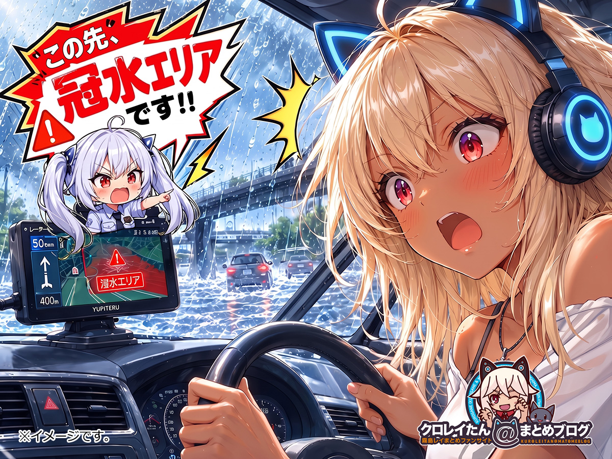 大雨の中、レー探から先の道路が冠水エリア報告を受けてびっくりしているクロガネちゃん