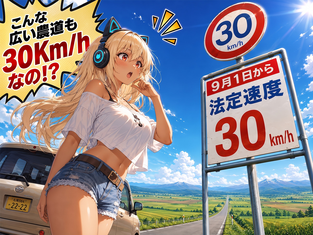 広い農道が、2026年9月から「30km/h制限」になっていてビックリしているクロガネちゃん