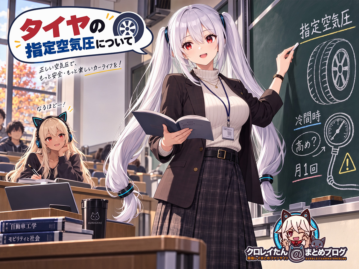 大学の講義室でタイヤの指定空気圧について説明する友人ちゃんと講義を聞くクロガネちゃん