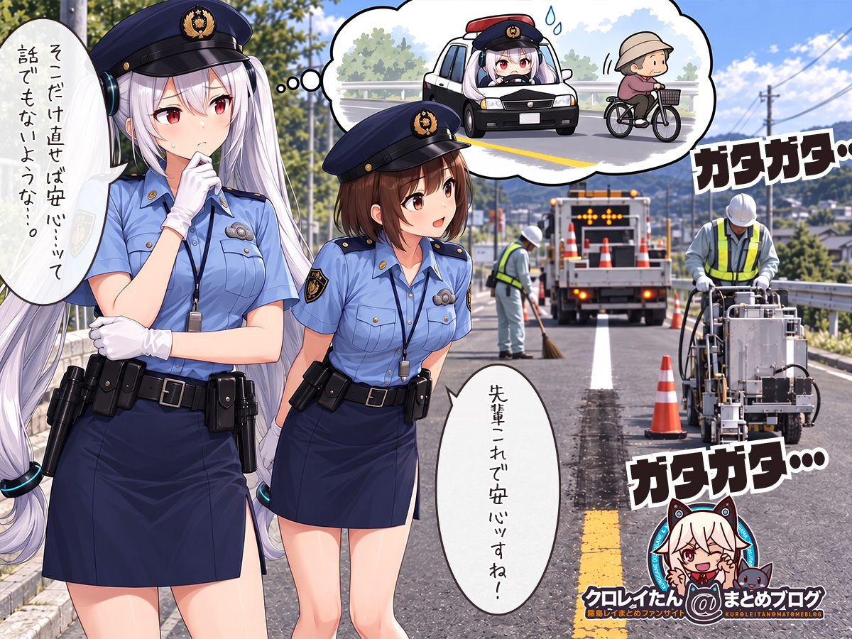 黄色センターラインから白線への変更工事を見守る女性警官の友人ちゃんと後輩ちゃん。吹き出しでは、パトカーが自転車を追い越しにくい様子が描かれている。