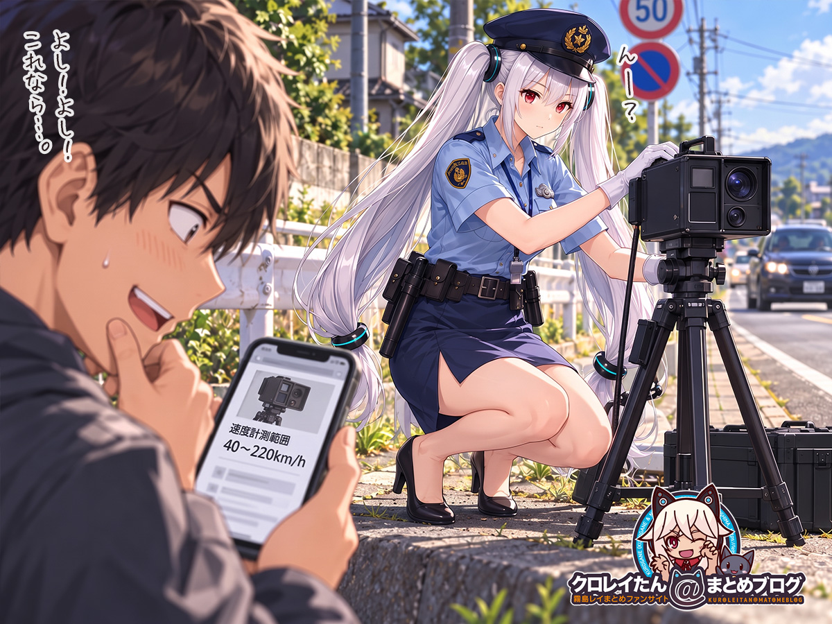 移動式オービスを設置する友人ちゃんを見ながら、スマホで速度計測範囲40〜220km/hを確認して突破方法を思いつく若い男性